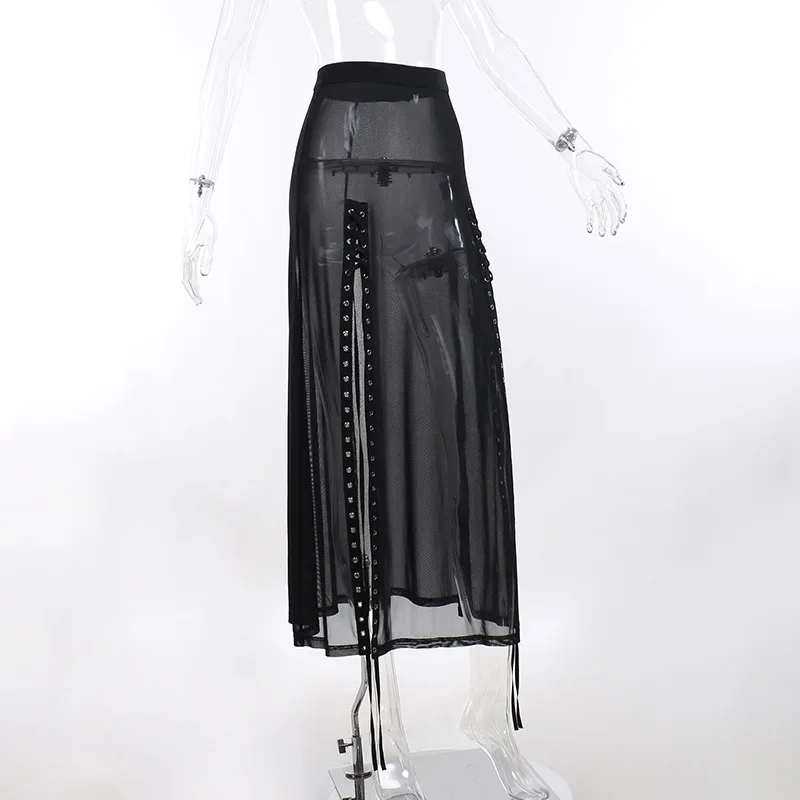 Goth Mesh Perspective Side Slit Skirt Lace Up Dark Punk Gothic Faldas Feminino Thin Summer Aesthetical