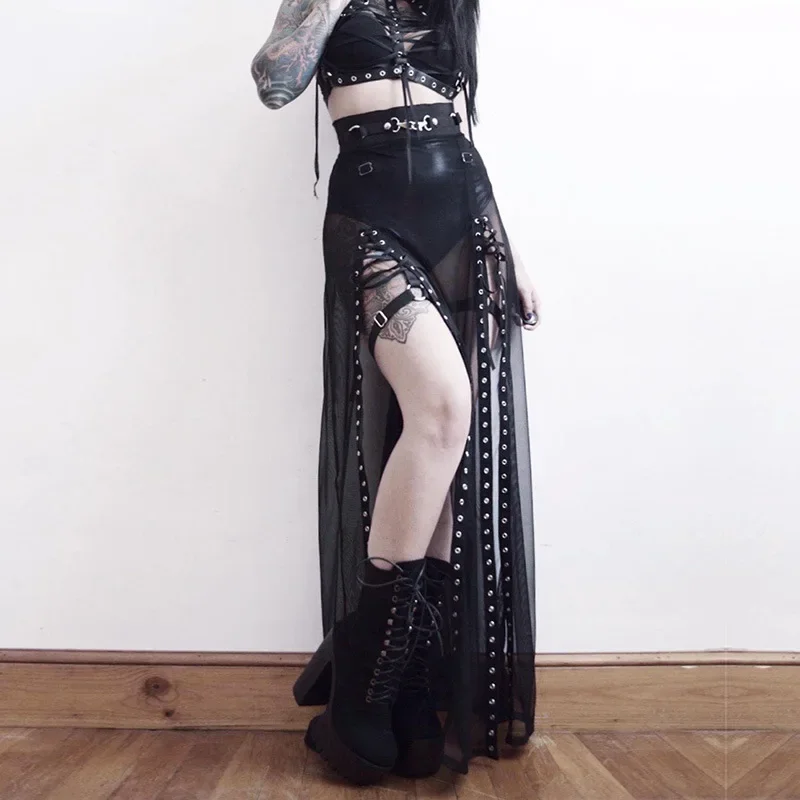 Goth Mesh Perspective Side Slit Skirt Lace Up Dark Punk Gothic Faldas Feminino Thin Summer Aesthetical
