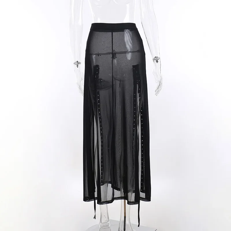 Goth Mesh Perspective Side Slit Skirt Lace Up Dark Punk Gothic Faldas Feminino Thin Summer Aesthetical