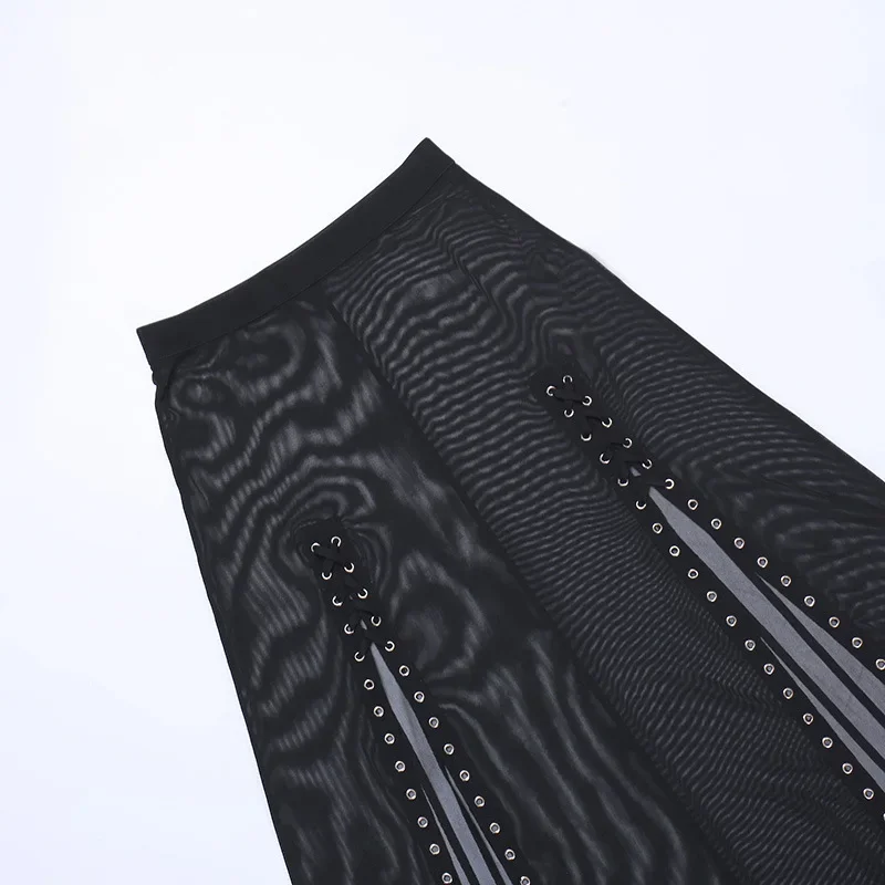 Goth Mesh Perspective Side Slit Skirt Lace Up Dark Punk Gothic Faldas Feminino Thin Summer Aesthetical