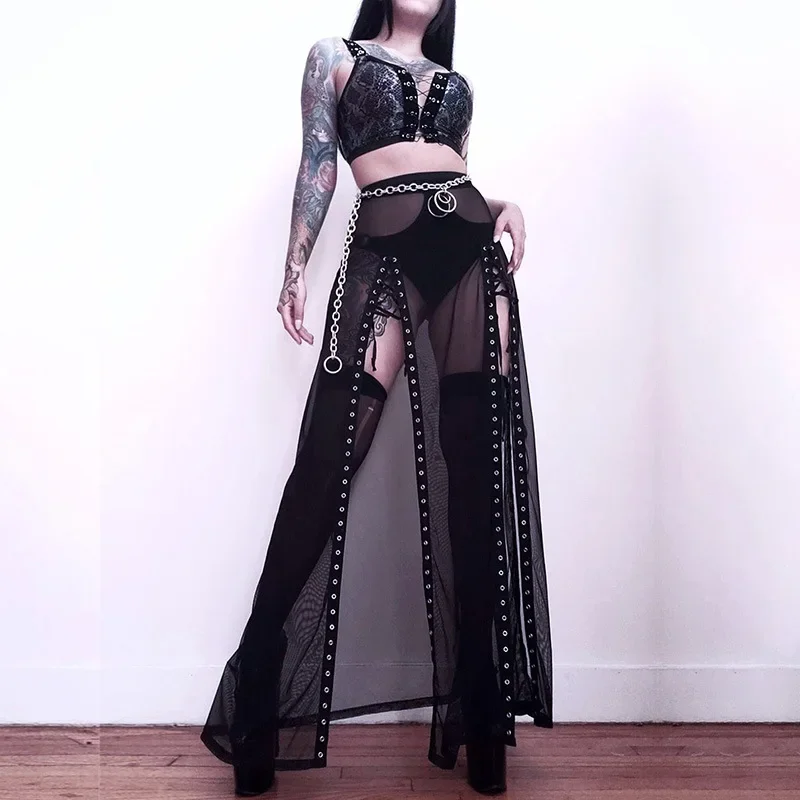 Goth Mesh Perspective Side Slit Skirt Lace Up Dark Punk Gothic Faldas Feminino Thin Summer Aesthetical
