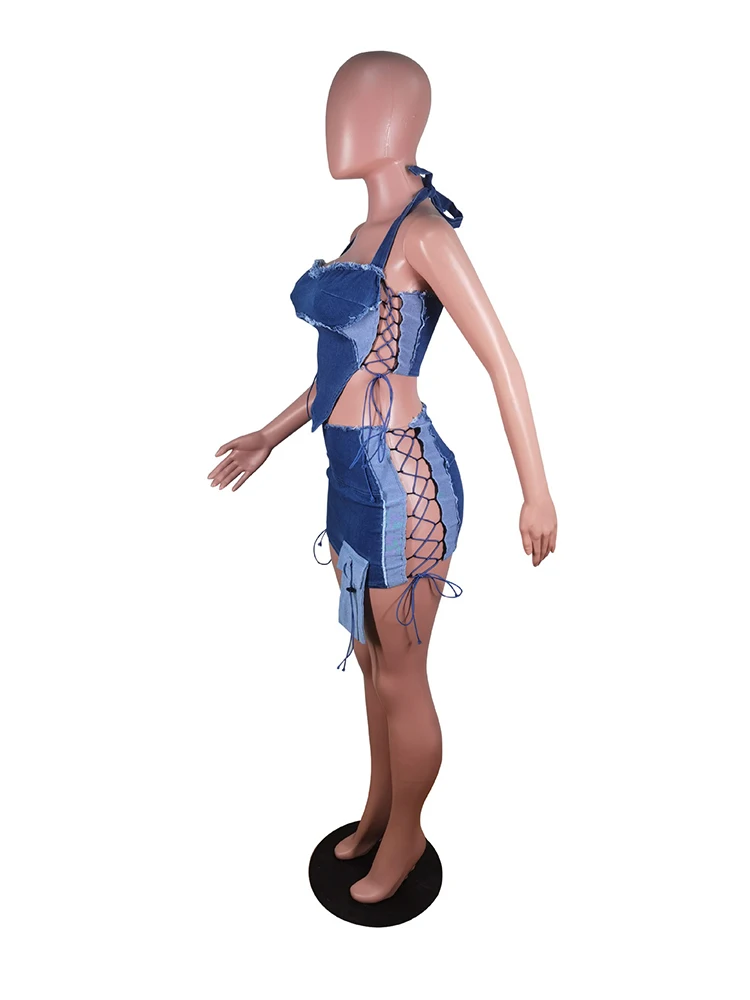Skirt and Top Set Woman Summer 2 Piece Outfit Hollow Out Strapless Strap with Short Mini Skirt Night Club Wear Blue Denim Set