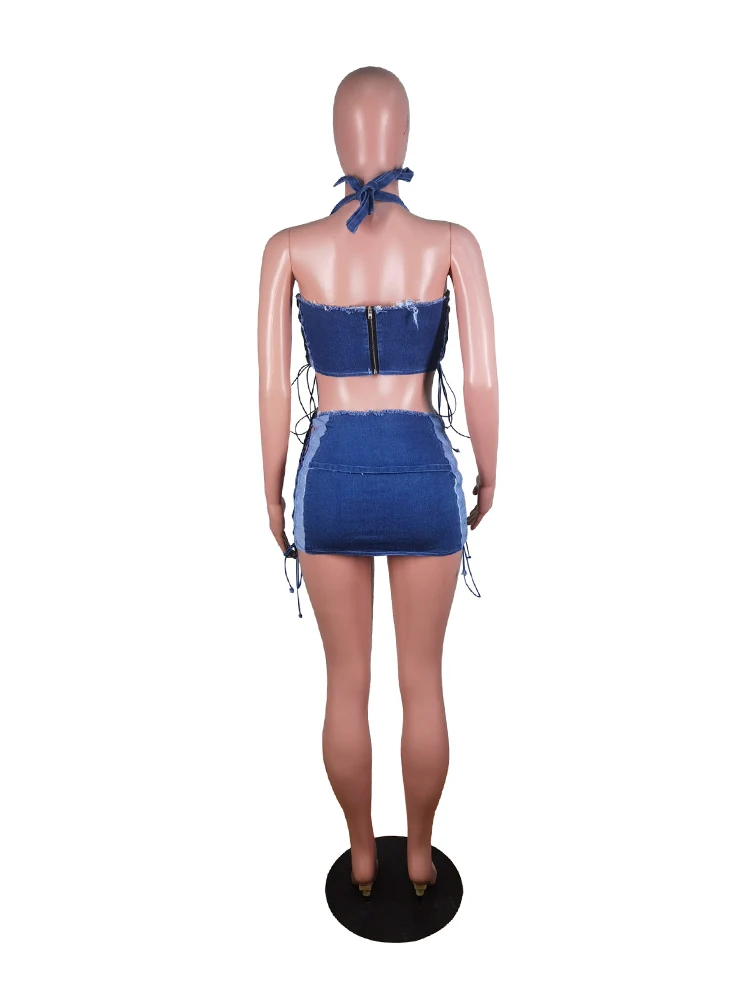 Skirt and Top Set Woman Summer 2 Piece Outfit Hollow Out Strapless Strap with Short Mini Skirt Night Club Wear Blue Denim Set