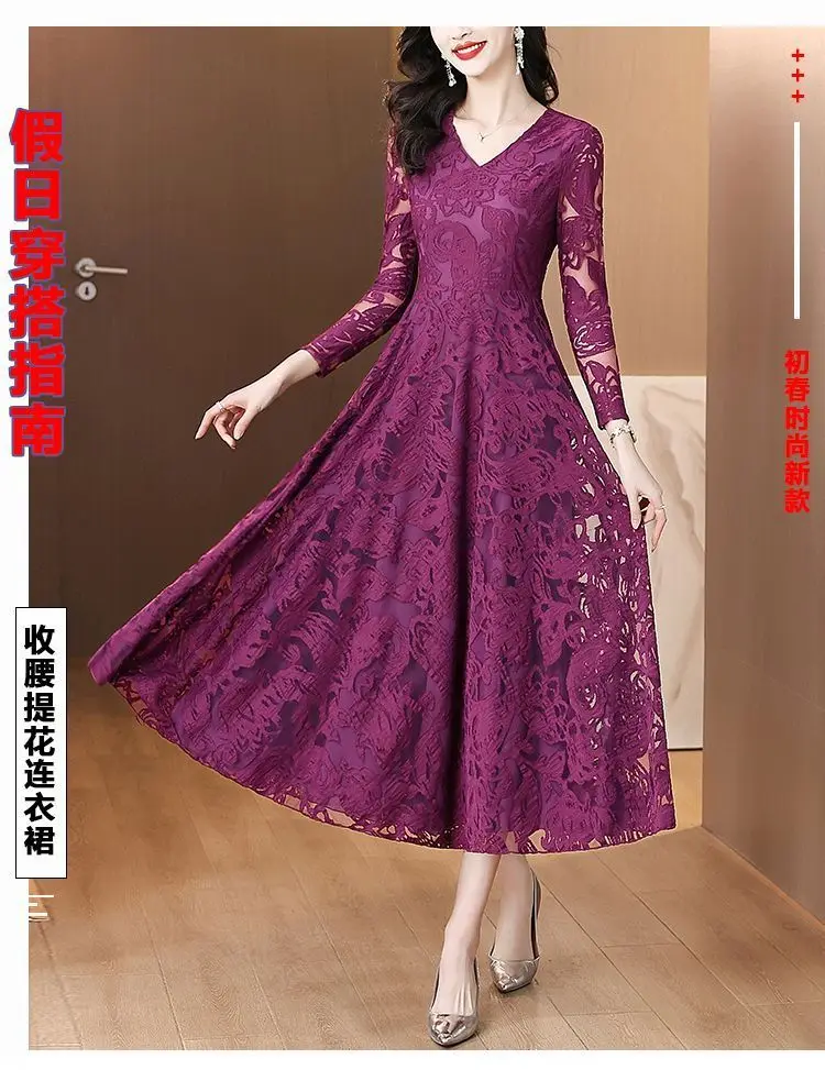 Fashion Women's Pleated Dress Autumn And Winter 2026 New Lace-Up Long Velvet Stitching Lace Large Swing party Dresses Elegant