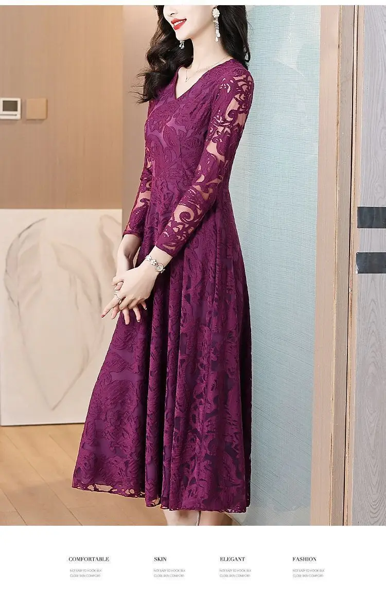 Fashion Women's Pleated Dress Autumn And Winter 2026 New Lace-Up Long Velvet Stitching Lace Large Swing party Dresses Elegant