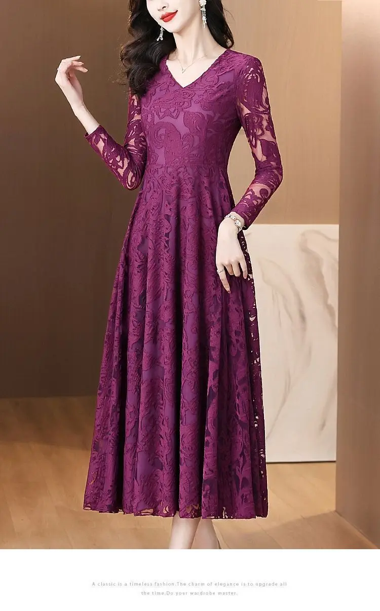 Fashion Women's Pleated Dress Autumn And Winter 2026 New Lace-Up Long Velvet Stitching Lace Large Swing party Dresses Elegant