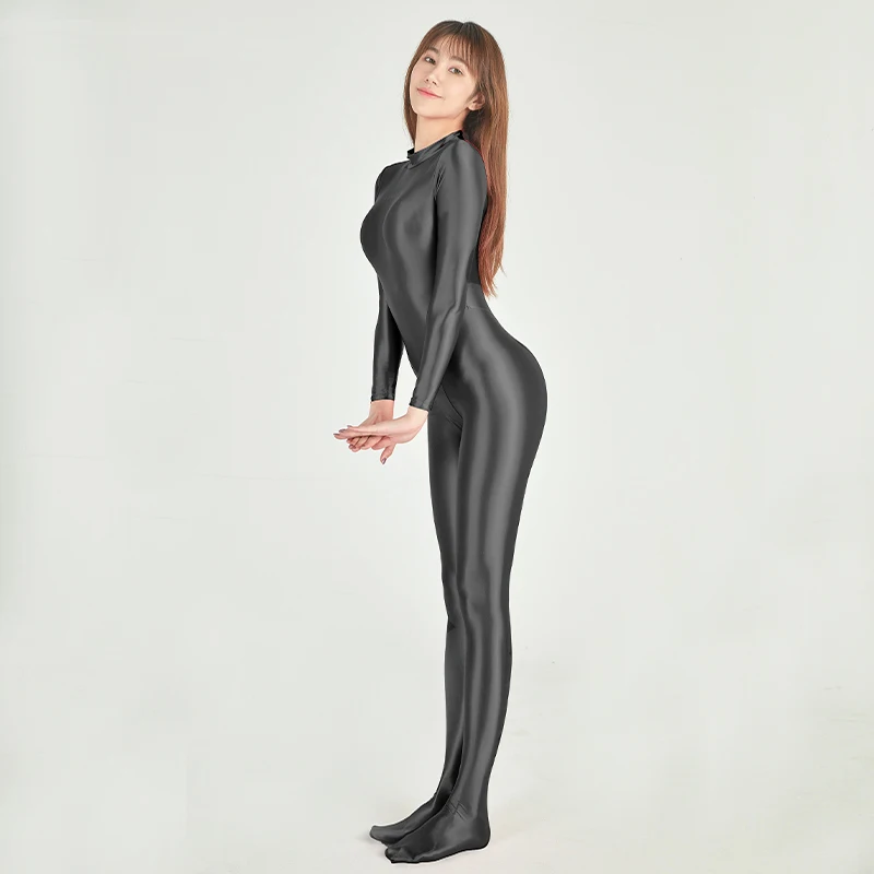 AMORESY Sexy Shiny Long Sleeve Full Length Oil Tights Smooth Running Overalls Yoga Zentai Casual Sport Suits Jumpsuits Catsuits