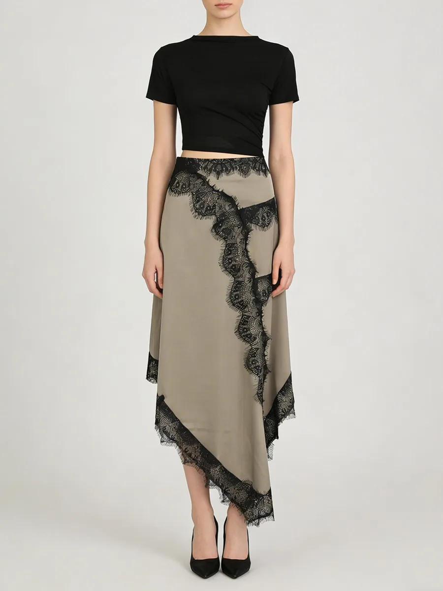 TWOTWINSTYLE Hit Color Slimming Spliced Lace Irregular Dresses for Women O Neck Short Sleeves High Waist Hollow Out Dress Female