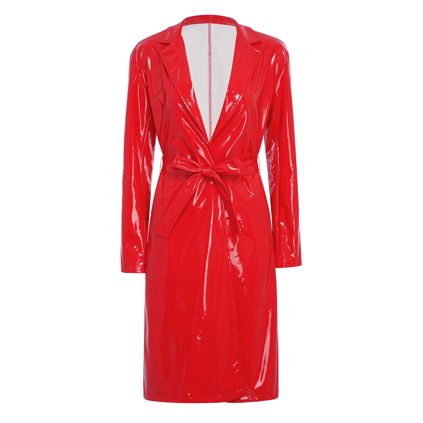 Women PU Leather Long Trench Coat Blazer Glossy Lapel Open Front Long Sleeve Jacket Overcoat with Belt Party Clubwear Streetwear