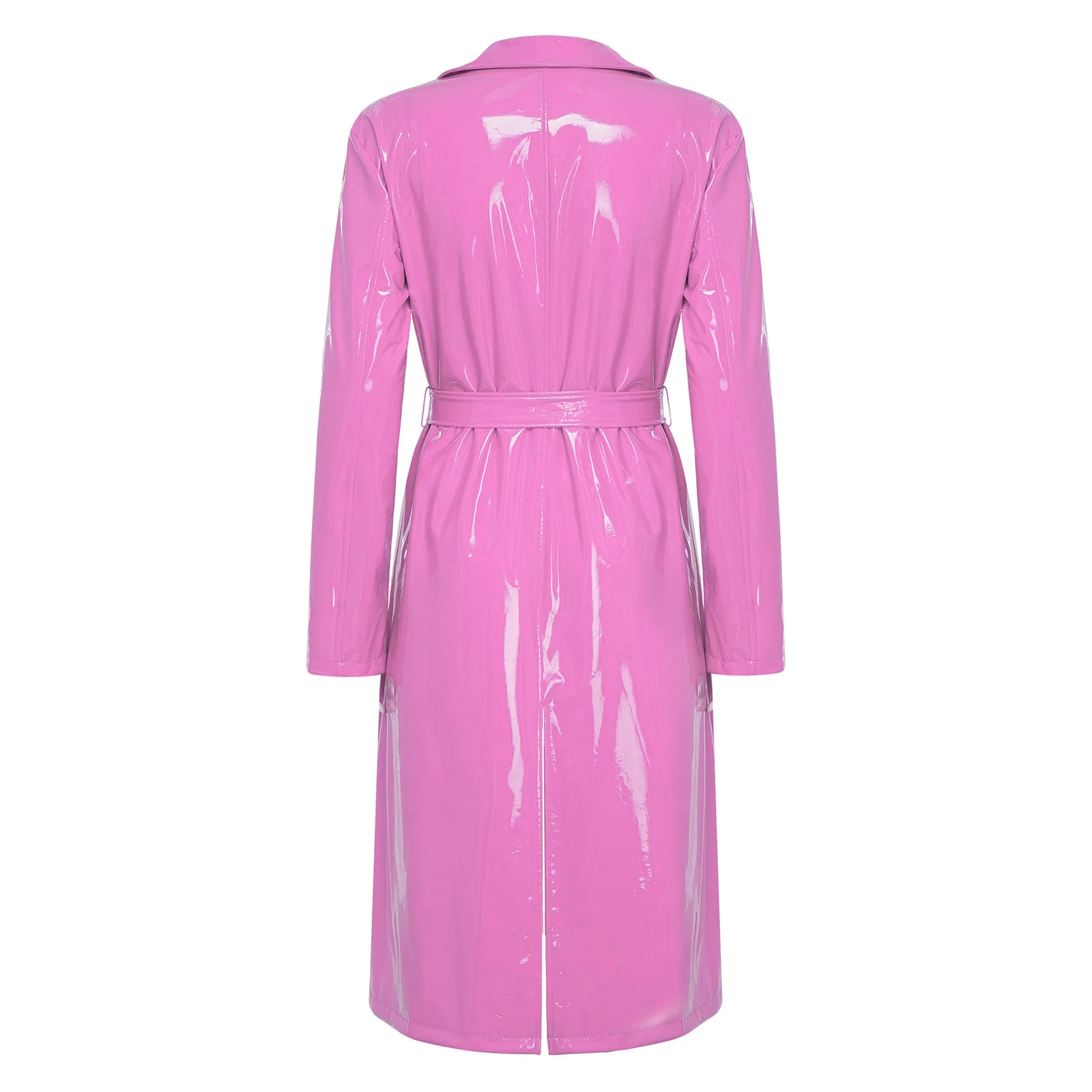 Women PU Leather Long Trench Coat Blazer Glossy Lapel Open Front Long Sleeve Jacket Overcoat with Belt Party Clubwear Streetwear