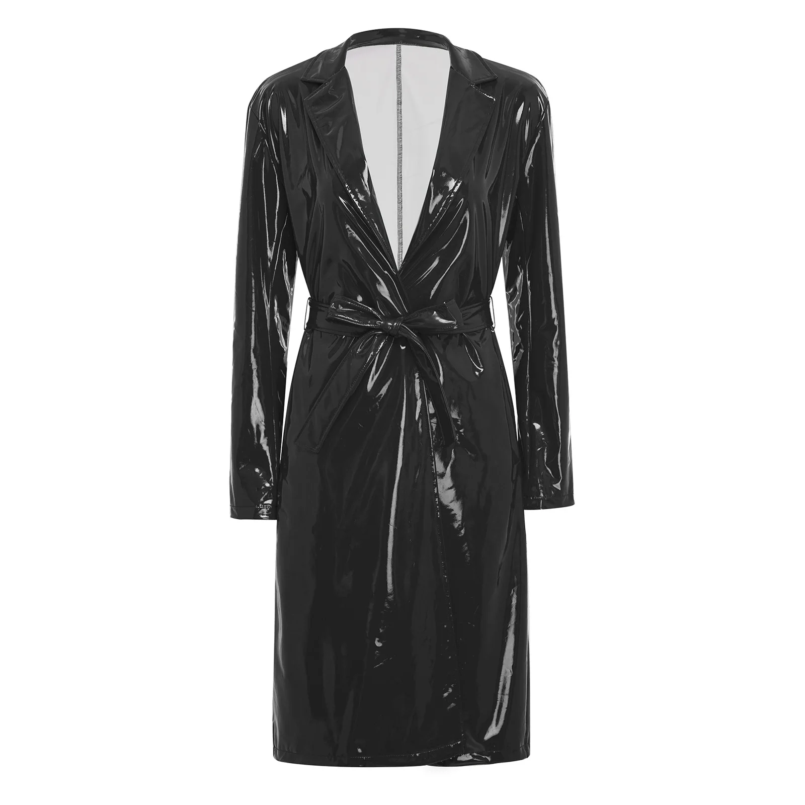 Women PU Leather Long Trench Coat Blazer Glossy Lapel Open Front Long Sleeve Jacket Overcoat with Belt Party Clubwear Streetwear