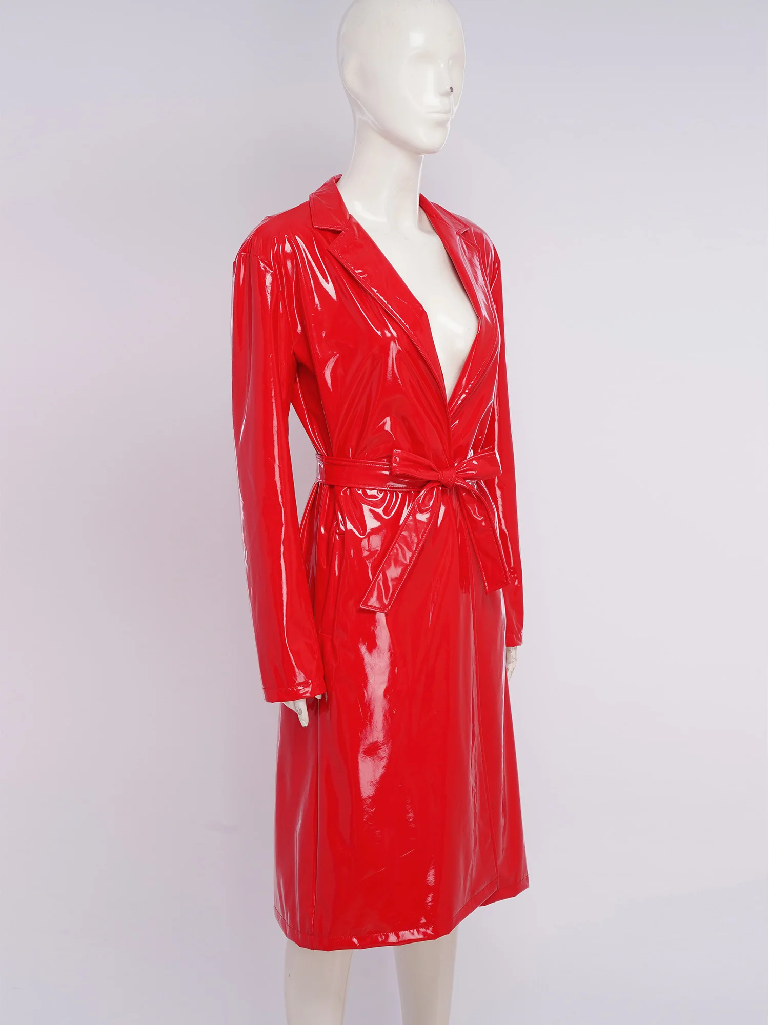 Women PU Leather Long Trench Coat Blazer Glossy Lapel Open Front Long Sleeve Jacket Overcoat with Belt Party Clubwear Streetwear