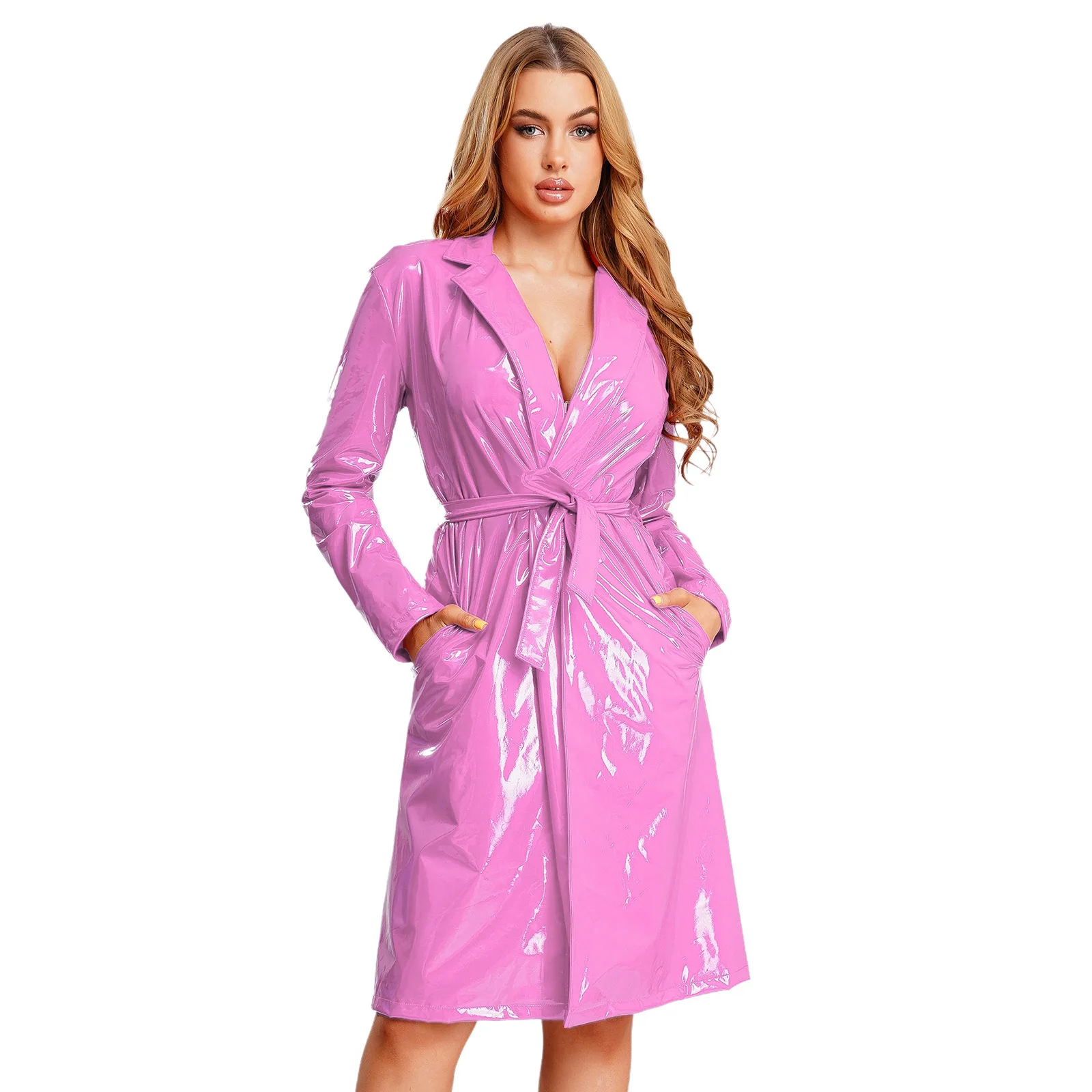Women PU Leather Long Trench Coat Blazer Glossy Lapel Open Front Long Sleeve Jacket Overcoat with Belt Party Clubwear Streetwear