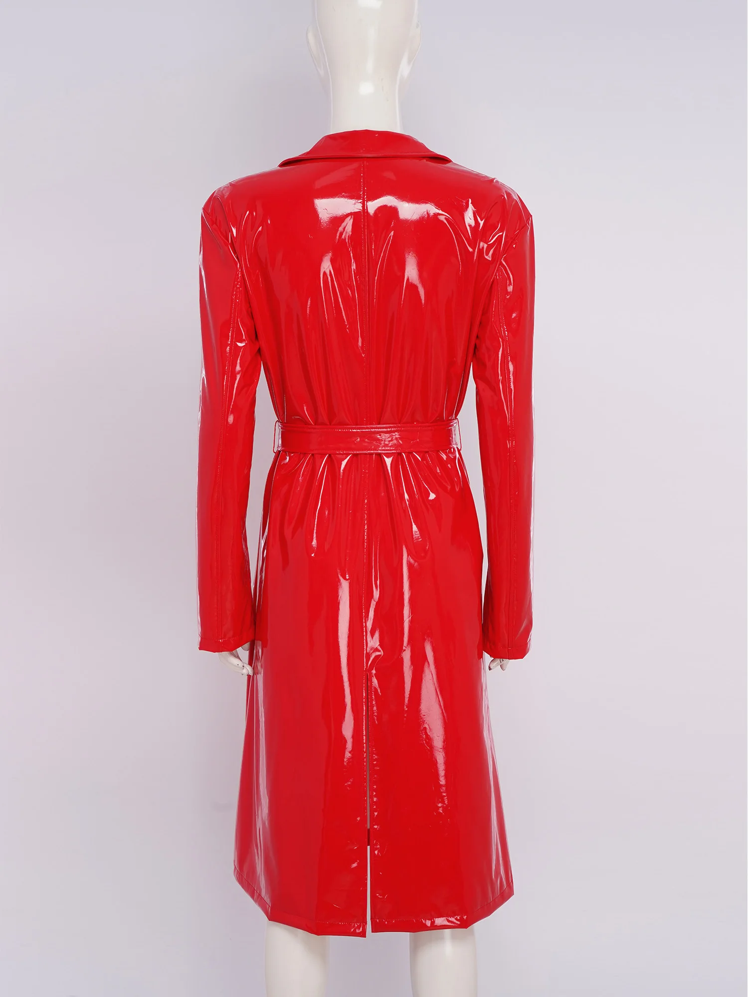 Women PU Leather Long Trench Coat Blazer Glossy Lapel Open Front Long Sleeve Jacket Overcoat with Belt Party Clubwear Streetwear
