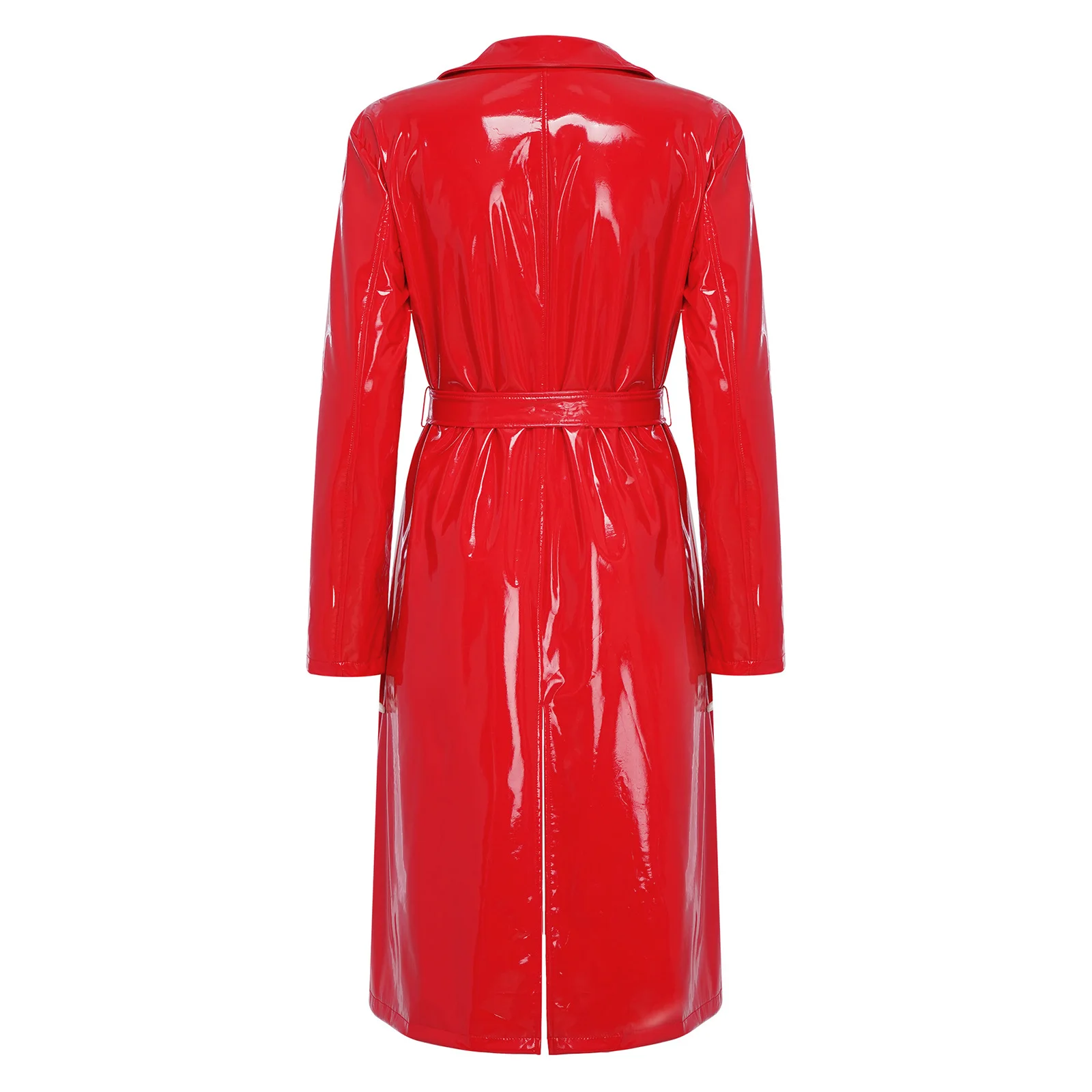 Women PU Leather Long Trench Coat Blazer Glossy Lapel Open Front Long Sleeve Jacket Overcoat with Belt Party Clubwear Streetwear