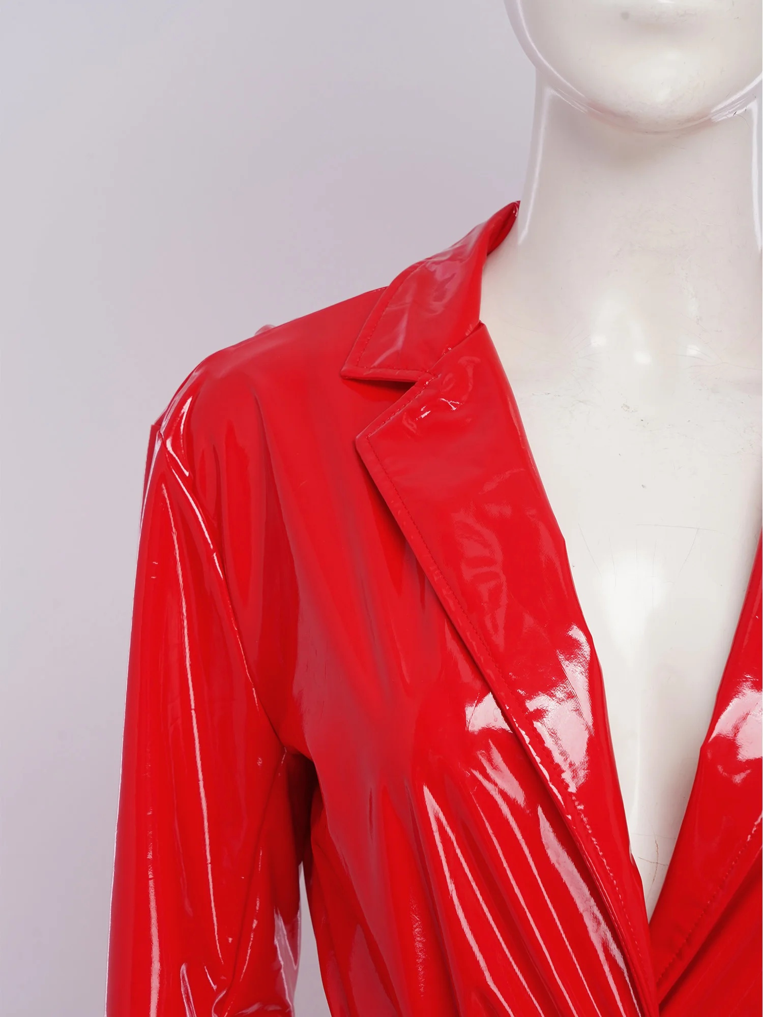 Women PU Leather Long Trench Coat Blazer Glossy Lapel Open Front Long Sleeve Jacket Overcoat with Belt Party Clubwear Streetwear