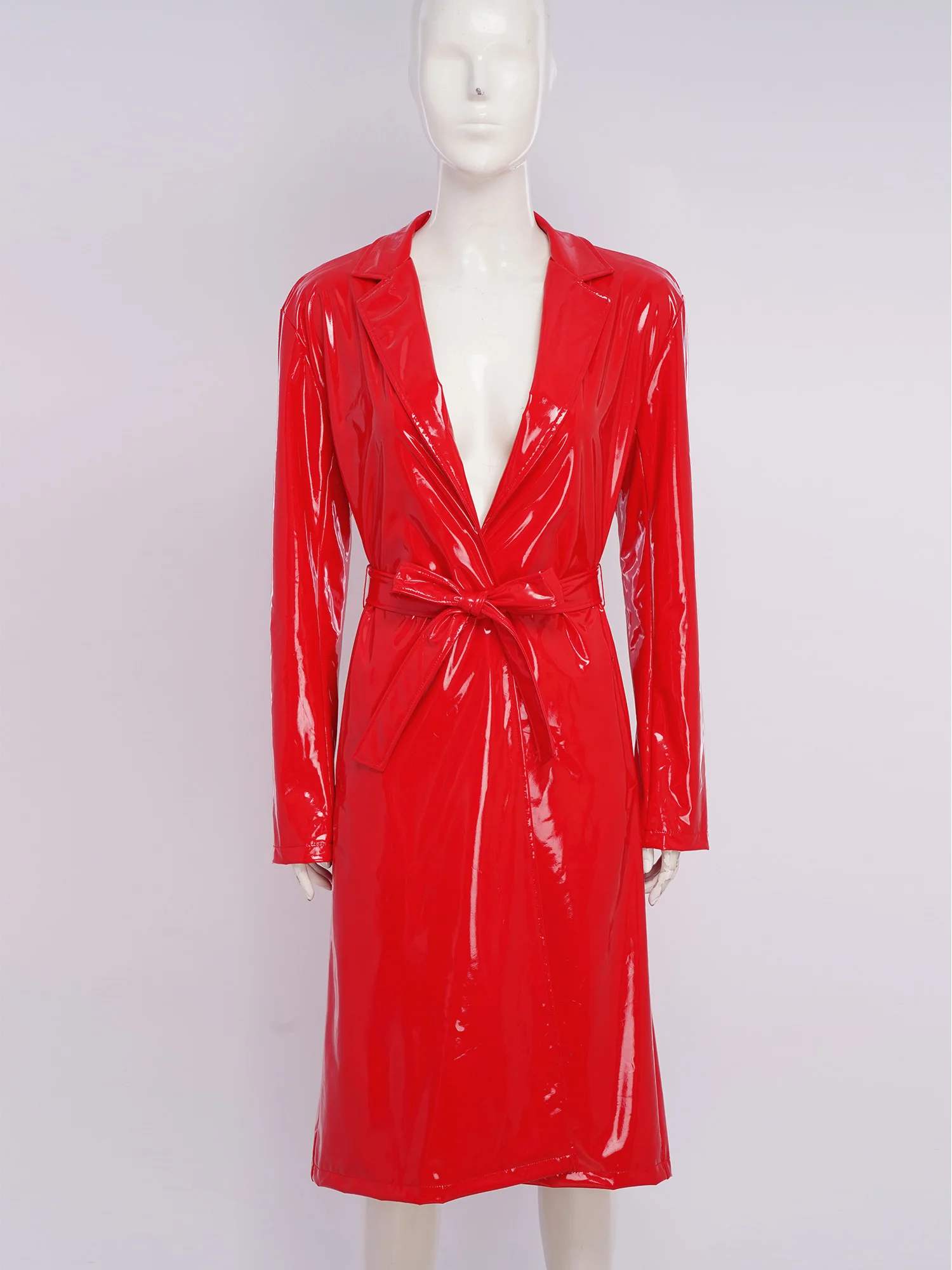 Women PU Leather Long Trench Coat Blazer Glossy Lapel Open Front Long Sleeve Jacket Overcoat with Belt Party Clubwear Streetwear