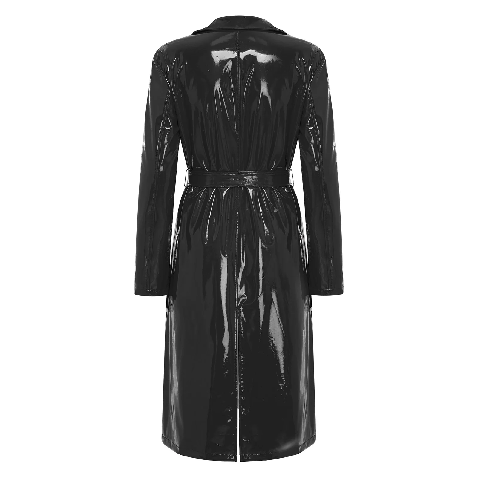 Women PU Leather Long Trench Coat Blazer Glossy Lapel Open Front Long Sleeve Jacket Overcoat with Belt Party Clubwear Streetwear