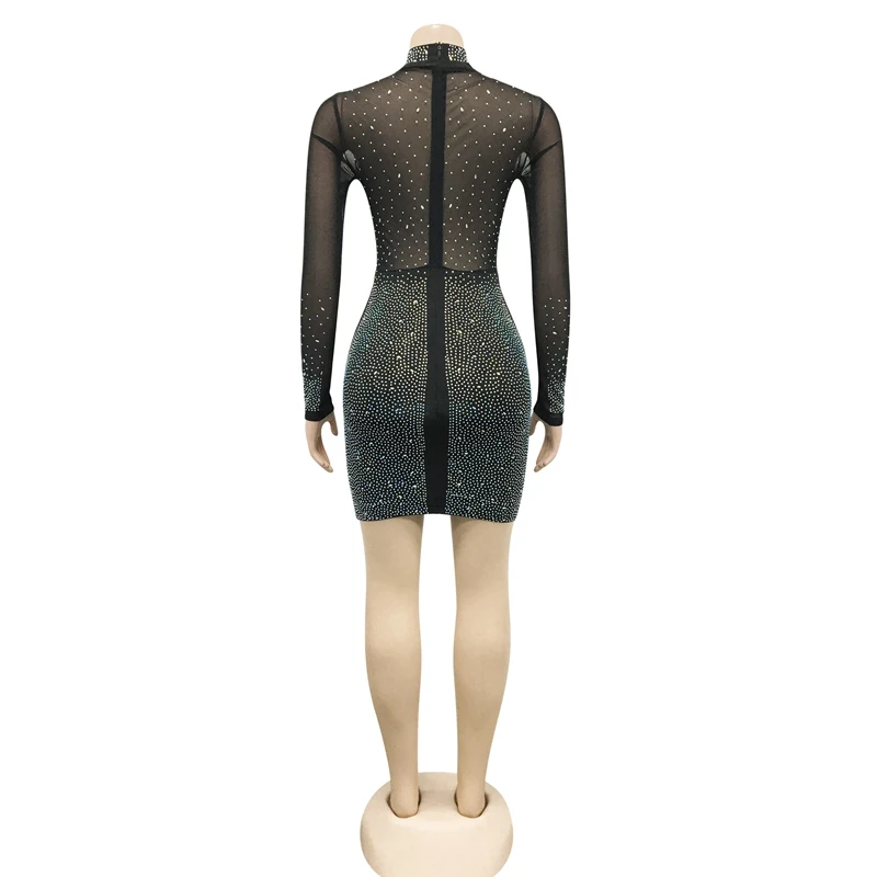 STYLISH LADY Diamonds Mesh Dress 2025 Autumn Women Long Sleeve Stand Neck Bodycon See Through Sexy Club Party Mini Vestidos