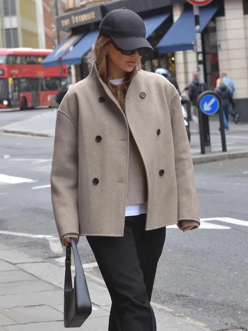 Double Breasted Woolen Jacket 2026 New Women Loose Woolen Coat Spring Autumn Women Loose Windbreaker Long Sleeve Short Jacket