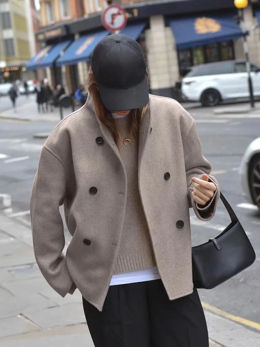 Double Breasted Woolen Jacket 2026 New Women Loose Woolen Coat Spring Autumn Women Loose Windbreaker Long Sleeve Short Jacket