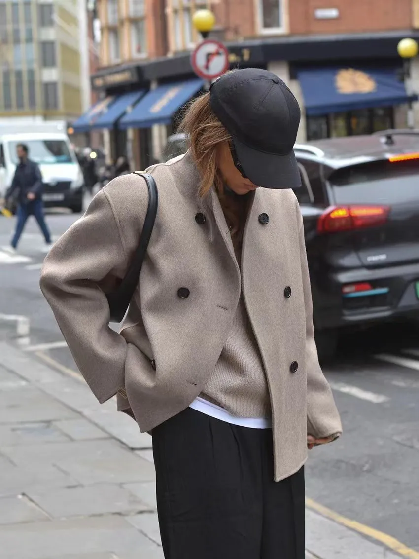 Double Breasted Woolen Jacket 2026 New Women Loose Woolen Coat Spring Autumn Women Loose Windbreaker Long Sleeve Short Jacket