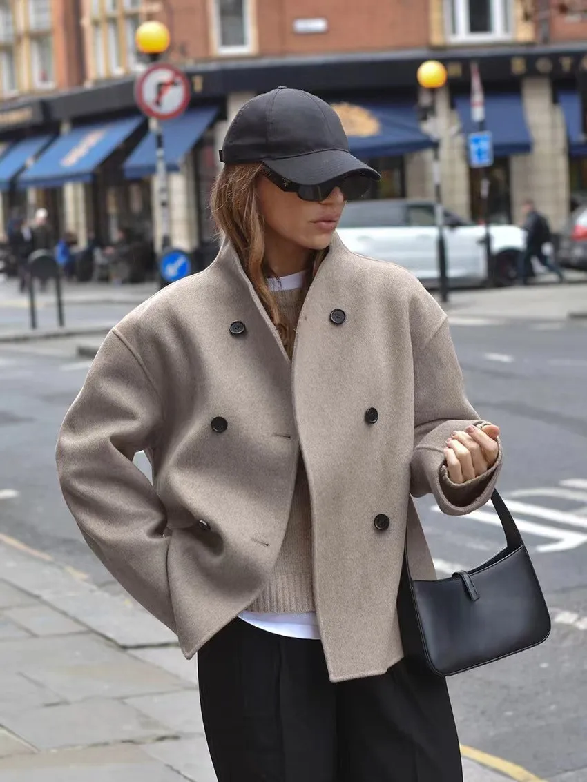 Double Breasted Woolen Jacket 2026 New Women Loose Woolen Coat Spring Autumn Women Loose Windbreaker Long Sleeve Short Jacket