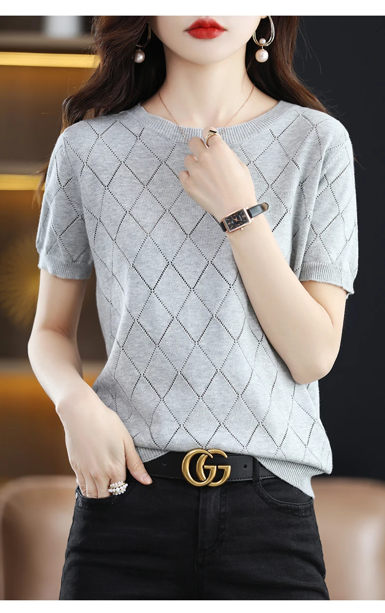 Women New Summer Short-sleeved Tees O-Neck Slim 100% Cotton Diamond Hollow Pullover T-shirt Knitted Base Casual Sweater
