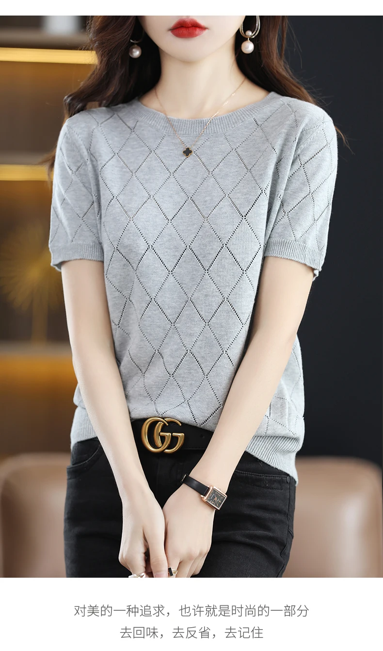Women New Summer Short-sleeved Tees O-Neck Slim 100% Cotton Diamond Hollow Pullover T-shirt Knitted Base Casual Sweater
