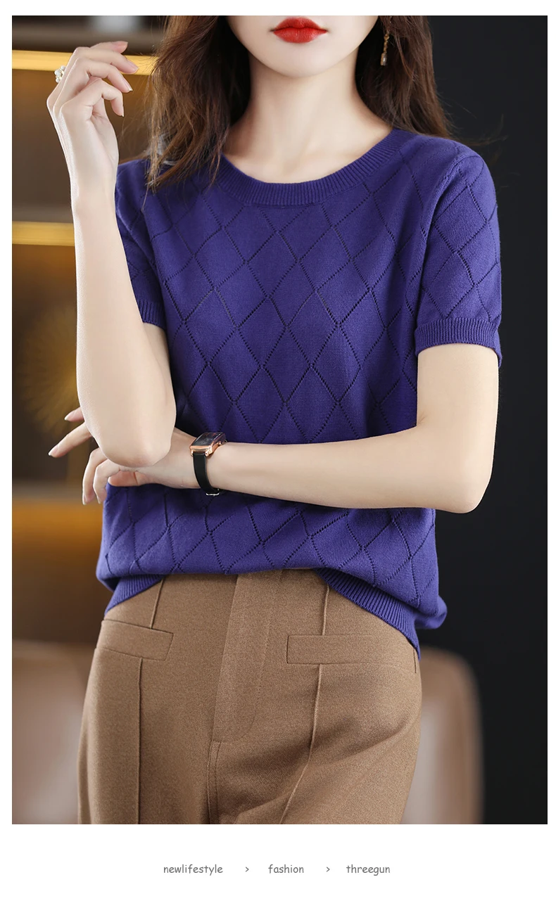 Women New Summer Short-sleeved Tees O-Neck Slim 100% Cotton Diamond Hollow Pullover T-shirt Knitted Base Casual Sweater