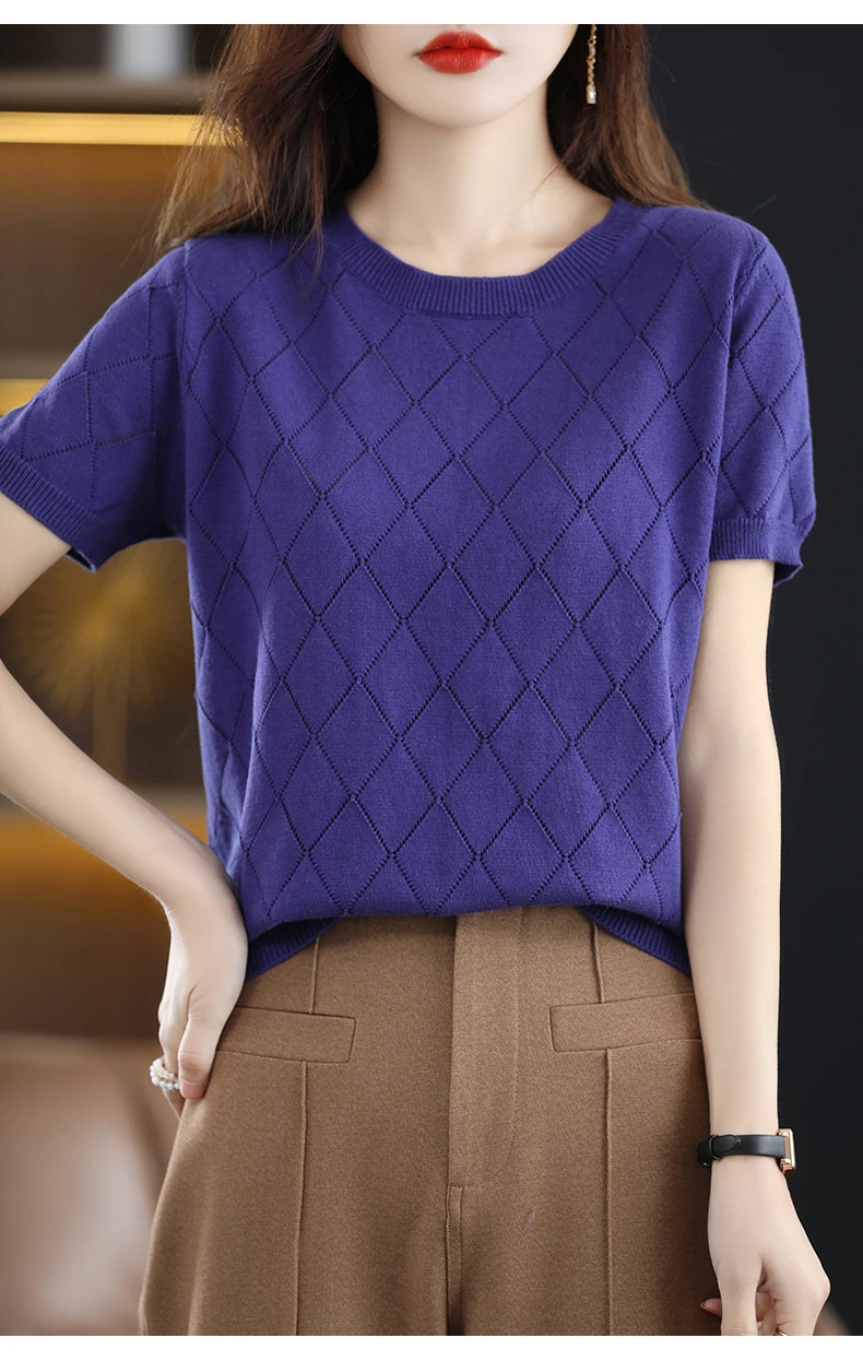 Women New Summer Short-sleeved Tees O-Neck Slim 100% Cotton Diamond Hollow Pullover T-shirt Knitted Base Casual Sweater