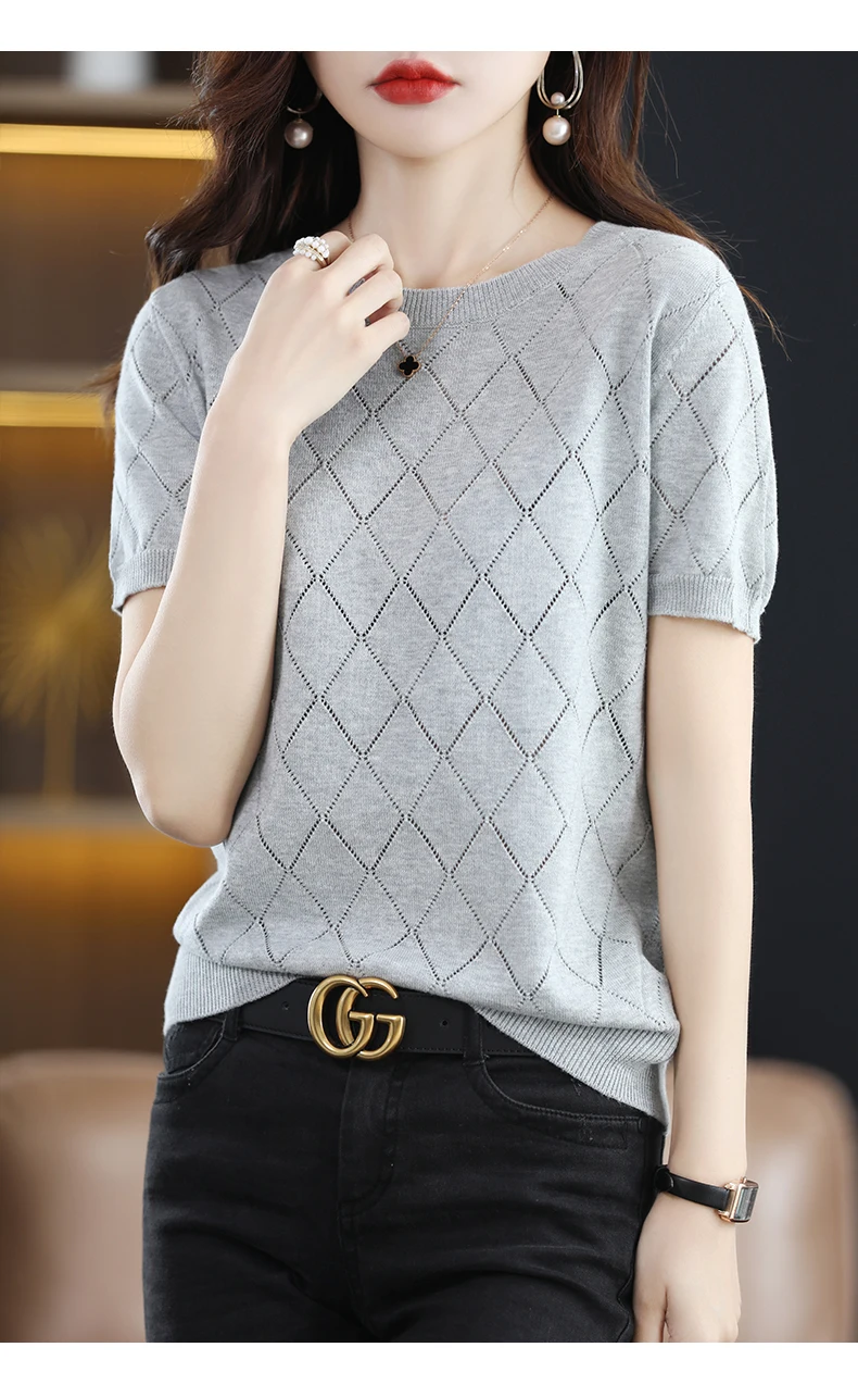 Women New Summer Short-sleeved Tees O-Neck Slim 100% Cotton Diamond Hollow Pullover T-shirt Knitted Base Casual Sweater