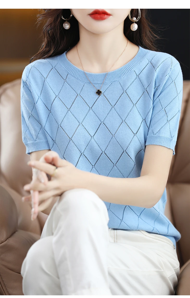 Women New Summer Short-sleeved Tees O-Neck Slim 100% Cotton Diamond Hollow Pullover T-shirt Knitted Base Casual Sweater