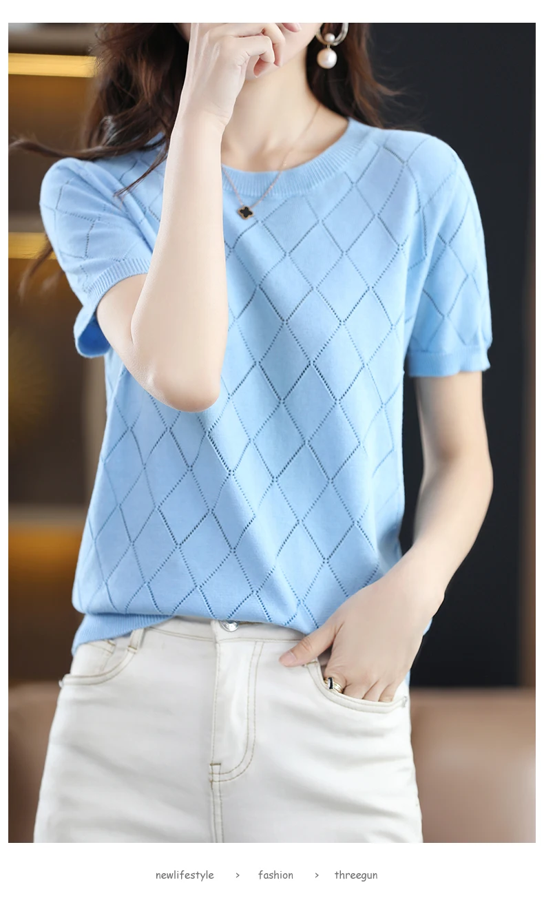 Women New Summer Short-sleeved Tees O-Neck Slim 100% Cotton Diamond Hollow Pullover T-shirt Knitted Base Casual Sweater