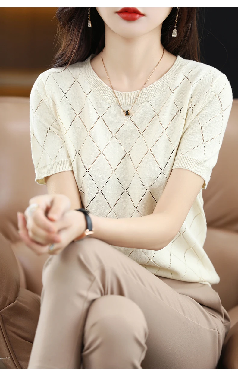 Women New Summer Short-sleeved Tees O-Neck Slim 100% Cotton Diamond Hollow Pullover T-shirt Knitted Base Casual Sweater