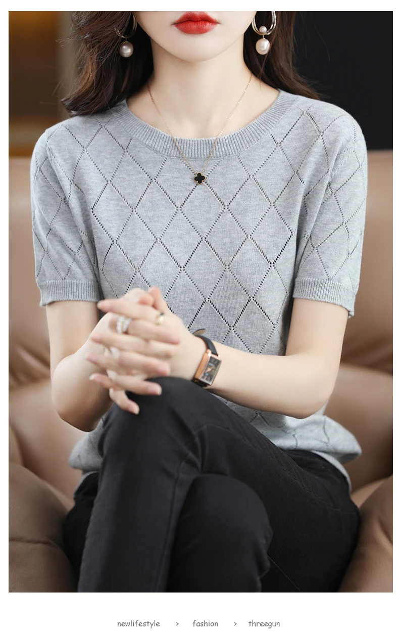 Women New Summer Short-sleeved Tees O-Neck Slim 100% Cotton Diamond Hollow Pullover T-shirt Knitted Base Casual Sweater