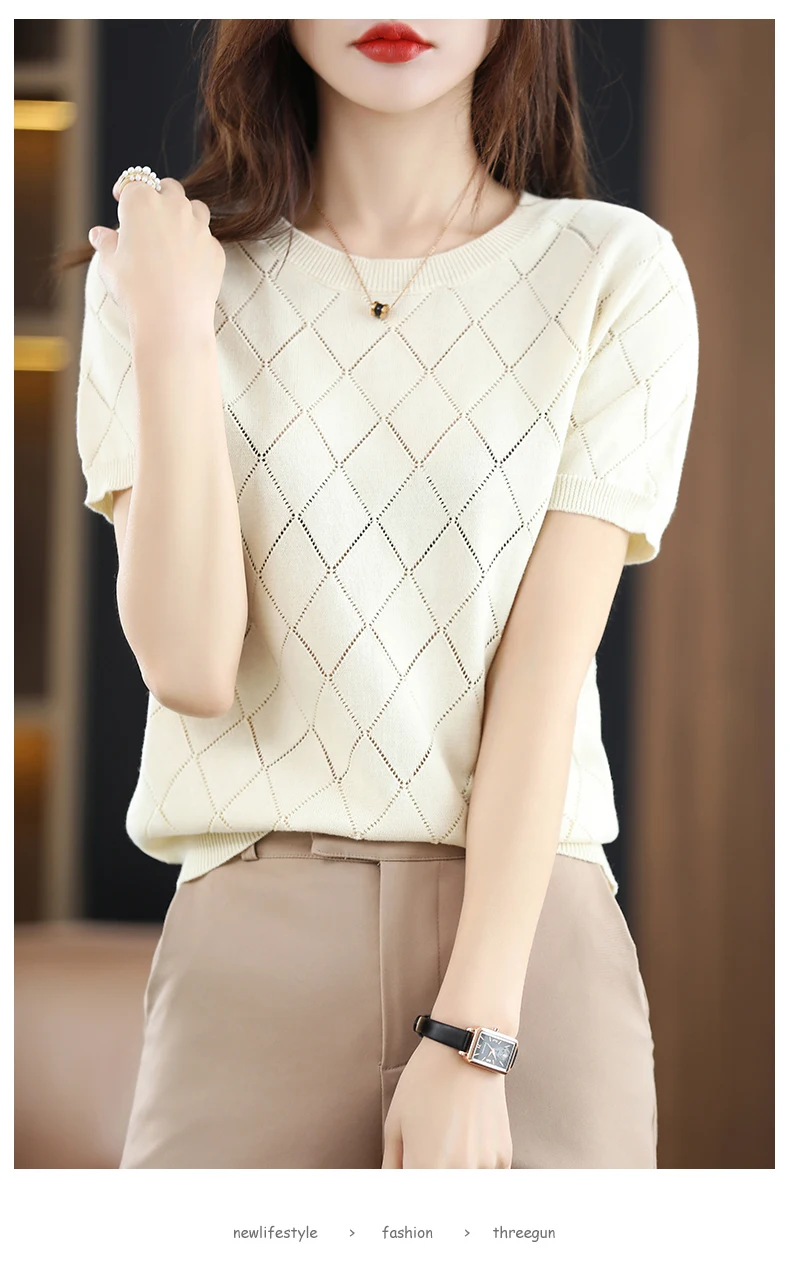 Women New Summer Short-sleeved Tees O-Neck Slim 100% Cotton Diamond Hollow Pullover T-shirt Knitted Base Casual Sweater