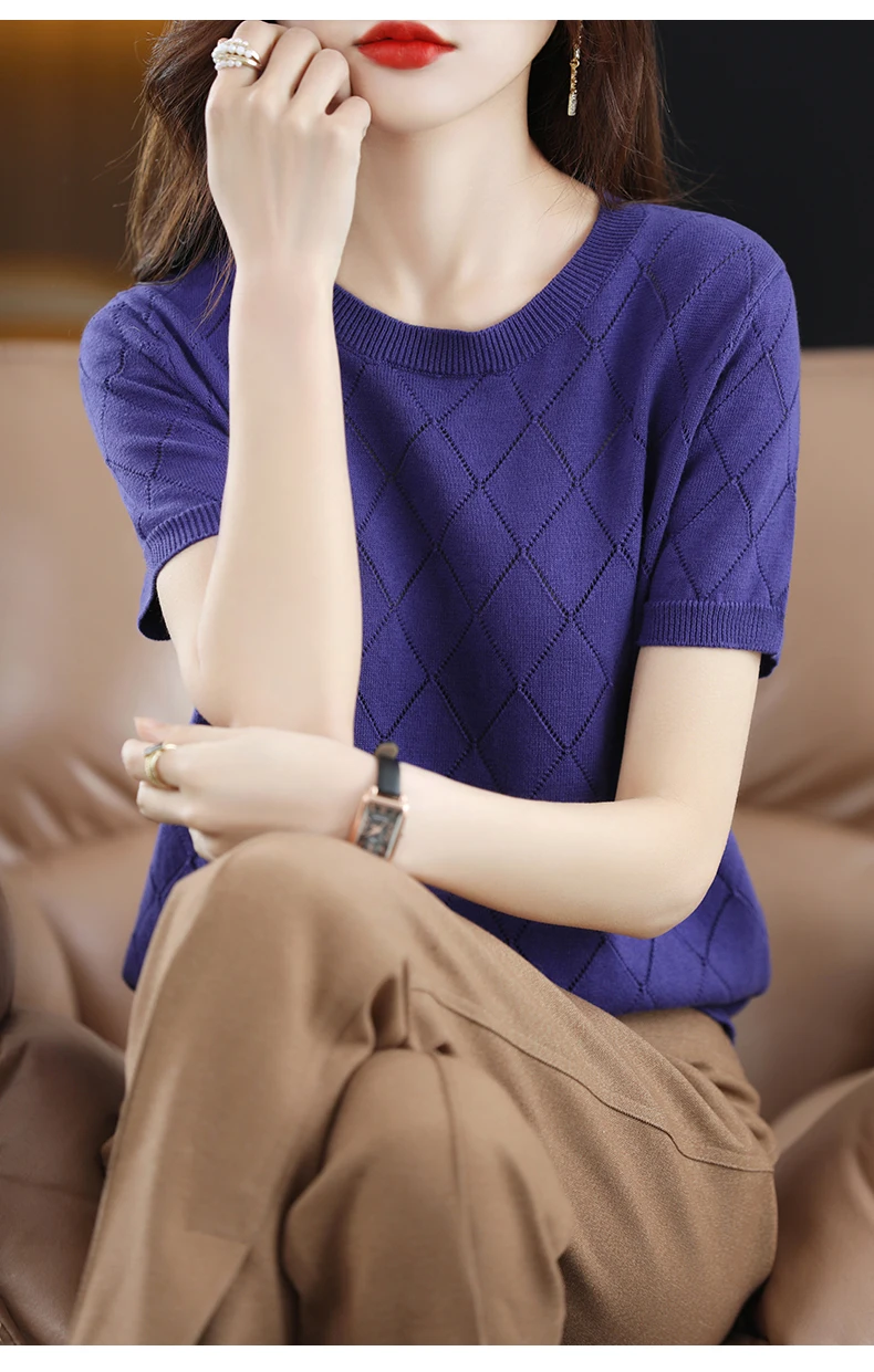 Women New Summer Short-sleeved Tees O-Neck Slim 100% Cotton Diamond Hollow Pullover T-shirt Knitted Base Casual Sweater