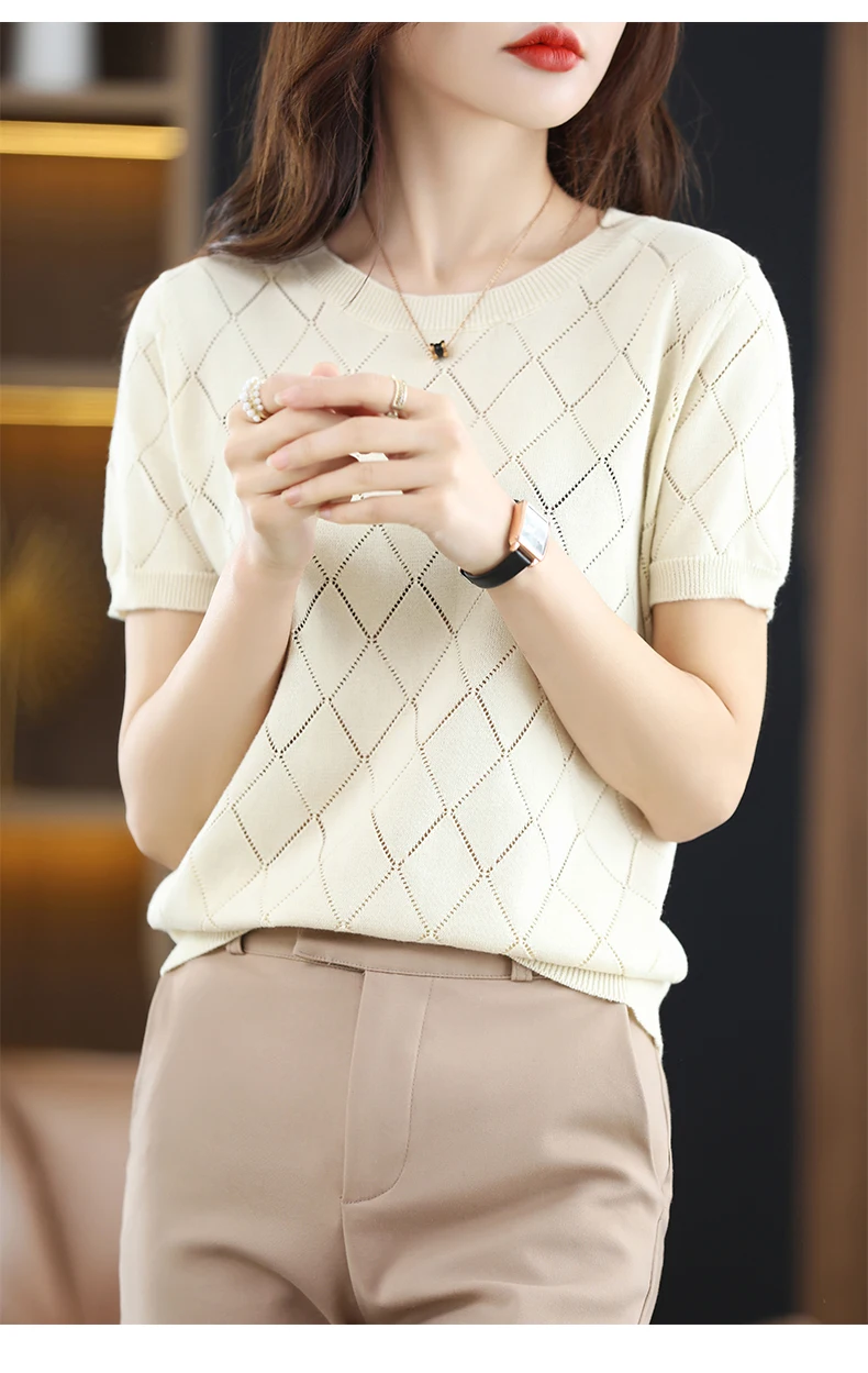 Women New Summer Short-sleeved Tees O-Neck Slim 100% Cotton Diamond Hollow Pullover T-shirt Knitted Base Casual Sweater