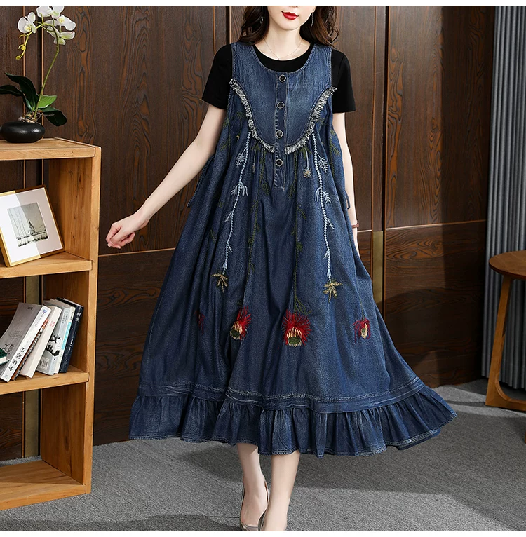 TIYIHAILEY-Loose A-Line Denim Dresses for Women, Long, Mid-Calf Jeans, Embroidery, Sleeveless Tassels, New Fashion, 2026