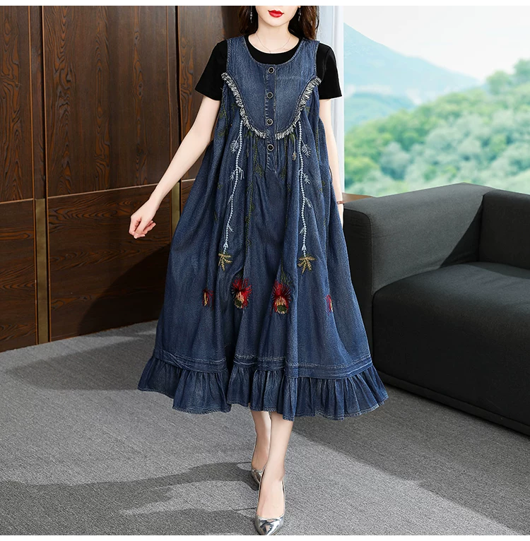 TIYIHAILEY-Loose A-Line Denim Dresses for Women, Long, Mid-Calf Jeans, Embroidery, Sleeveless Tassels, New Fashion, 2026