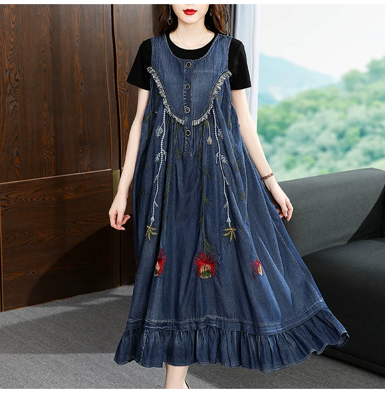 TIYIHAILEY-Loose A-Line Denim Dresses for Women, Long, Mid-Calf Jeans, Embroidery, Sleeveless Tassels, New Fashion, 2026