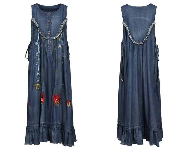 TIYIHAILEY-Loose A-Line Denim Dresses for Women, Long, Mid-Calf Jeans, Embroidery, Sleeveless Tassels, New Fashion, 2026