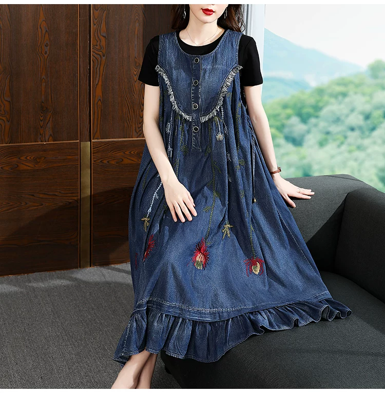 TIYIHAILEY-Loose A-Line Denim Dresses for Women, Long, Mid-Calf Jeans, Embroidery, Sleeveless Tassels, New Fashion, 2026