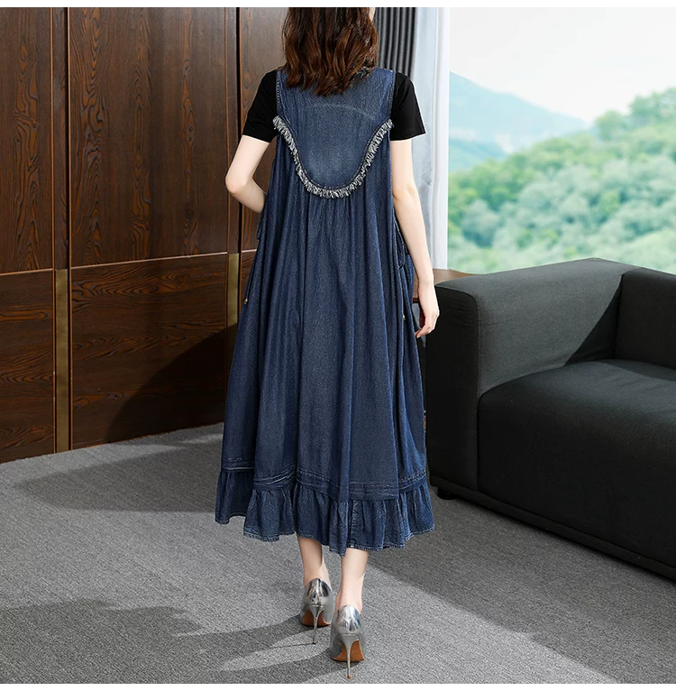 TIYIHAILEY-Loose A-Line Denim Dresses for Women, Long, Mid-Calf Jeans, Embroidery, Sleeveless Tassels, New Fashion, 2026