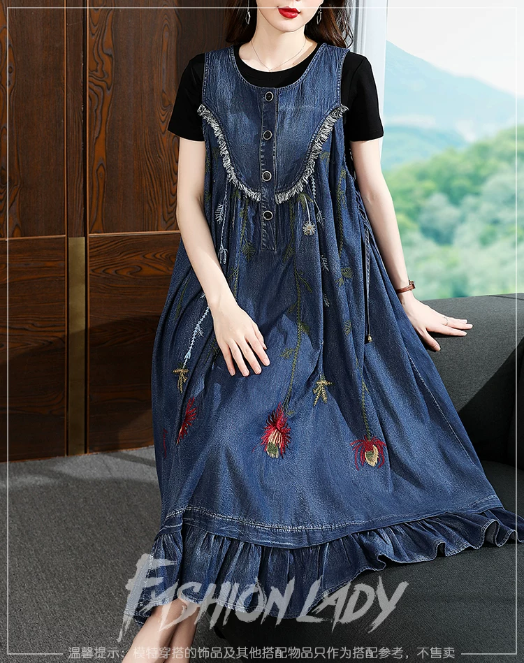 TIYIHAILEY-Loose A-Line Denim Dresses for Women, Long, Mid-Calf Jeans, Embroidery, Sleeveless Tassels, New Fashion, 2026