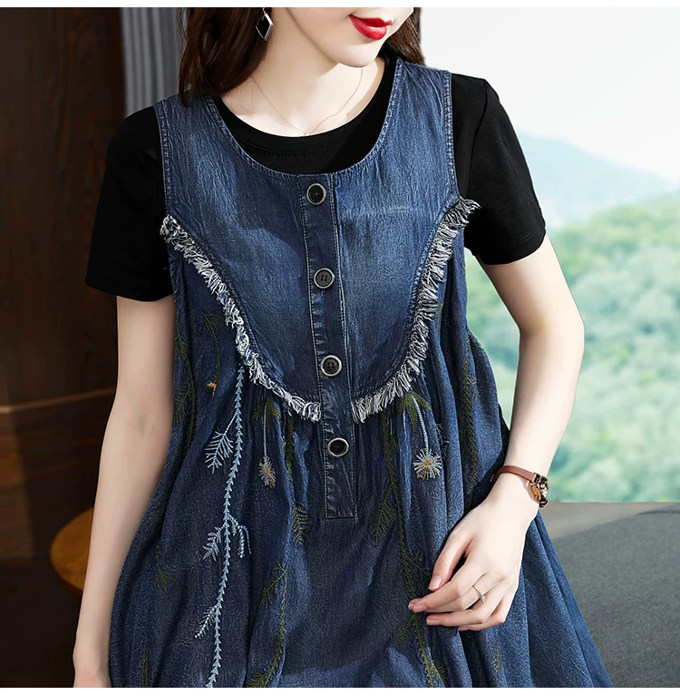 TIYIHAILEY-Loose A-Line Denim Dresses for Women, Long, Mid-Calf Jeans, Embroidery, Sleeveless Tassels, New Fashion, 2026