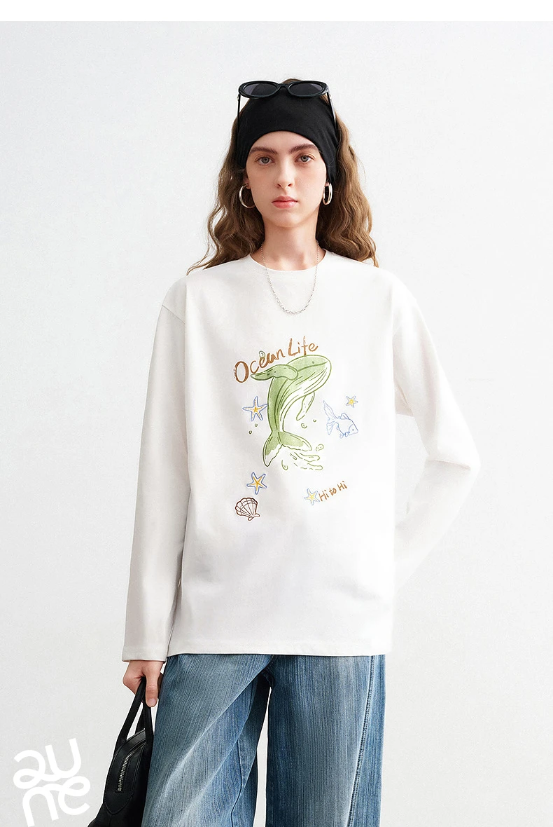 TOYOUTH Women Cotton T - Shirts 2026 Spring New Fun Youthful Loose Crew Neck Long - Sleeve Dolphin Printed Tops