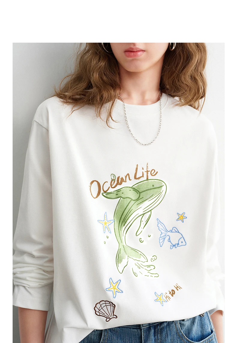 TOYOUTH Women Cotton T - Shirts 2026 Spring New Fun Youthful Loose Crew Neck Long - Sleeve Dolphin Printed Tops