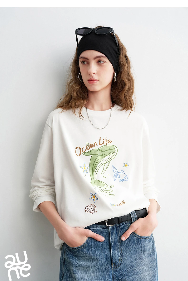 TOYOUTH Women Cotton T - Shirts 2026 Spring New Fun Youthful Loose Crew Neck Long - Sleeve Dolphin Printed Tops